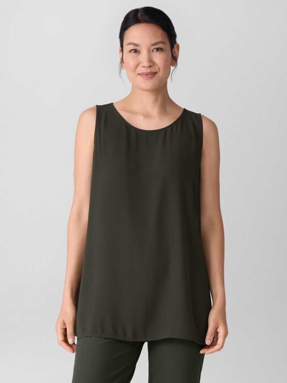 Eileen Fisher 100% Silk Georgette Crepe Ballet Neck Long Tank Dark Grey Sz L